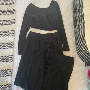 Ribbed Crop Top Long Sleeve, Palazzo Pants - Loose Sweatsuit Knit,